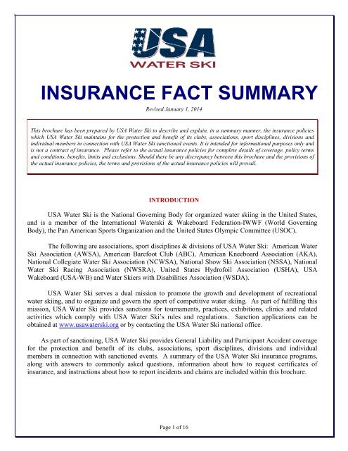 INSURANCE FACT SUMMARY - USA Water Ski