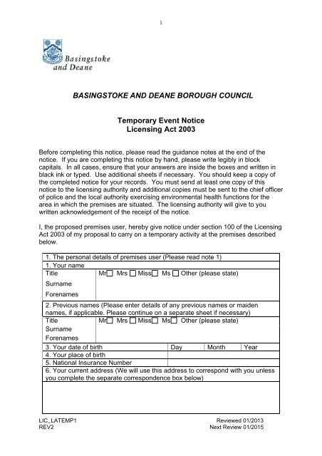 Temporary Event Notice - Basingstoke and Deane Borough Council