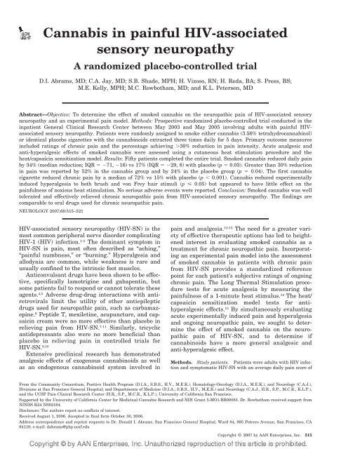 Cannabis in painful HIV-associated sensory neuropathy