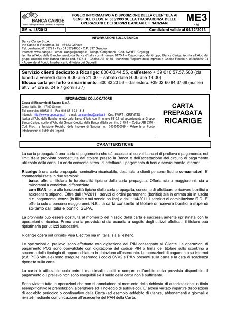 Carta Prepagata Ricarige Gruppo Banca Carige