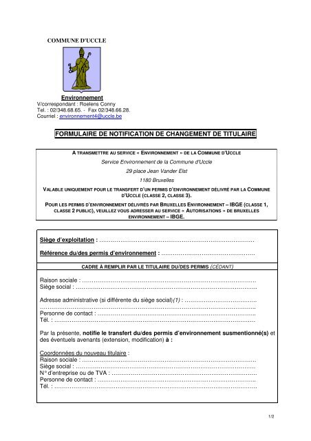 Formulaire De Da C Claration De Changement D Exploitant Uccle