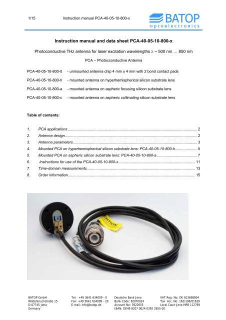 Instruction manual and data sheet PCA-40-05-10 ... - BATOP GmbH