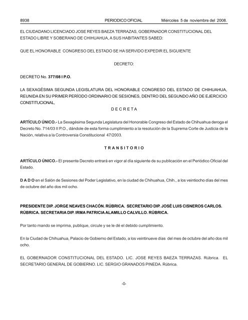 MiÃ©rcoles 5 de noviembre 2008 - Gobierno del Estado de Chihuahua