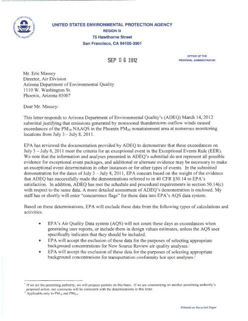 U.S. EPA Concurrence Letter for Exceptional Events on July 2