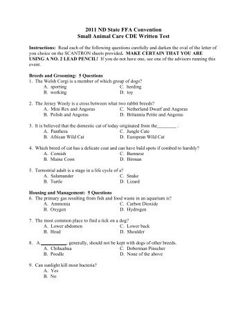 2011 ND State FFA Convention Small Animal Care CDE Written Test