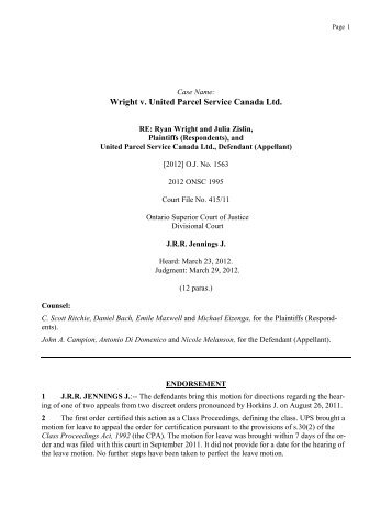 Wright v. United Parcel Service Canada Ltd., 2012 ONSC 1995