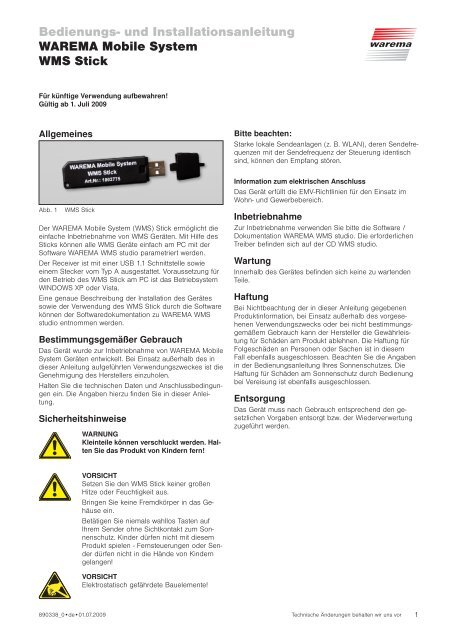 und Installationsanleitung WAREMA Mobile System WMS Stick