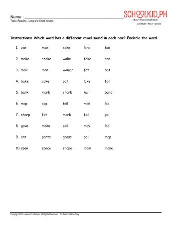 Long and short vowels - Compilation 8 Worksheets - Schoolkid.Ph