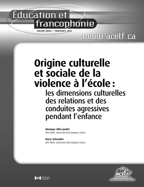 Origine culturelle et sociale de la violence Ã  l'Ã©cole: les ... - acelf