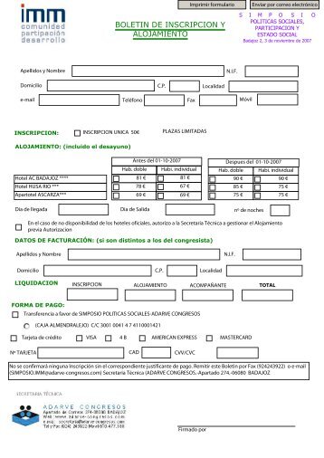 BOLETIN DE INSCRIPCION Y ALOJAMIENTO