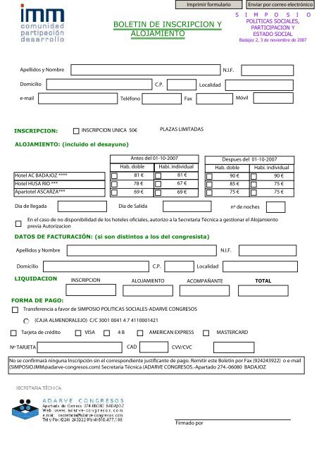 BOLETIN DE INSCRIPCION Y ALOJAMIENTO