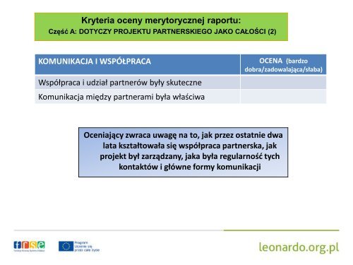 Kryteria oceny merytorycznej raportu - Leonardo da Vinci