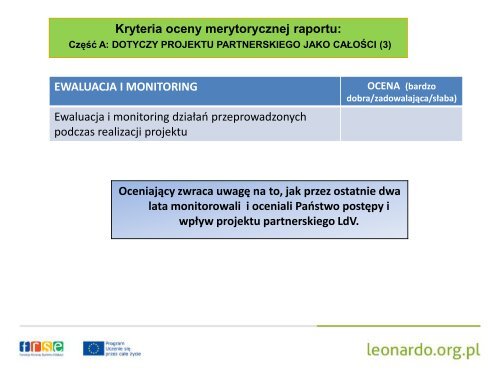 Kryteria oceny merytorycznej raportu - Leonardo da Vinci