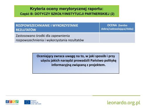 Kryteria oceny merytorycznej raportu - Leonardo da Vinci