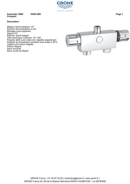 Description Mitigeur thermostatique 1/2" ElÃ©ment thermostatique Ã  ...