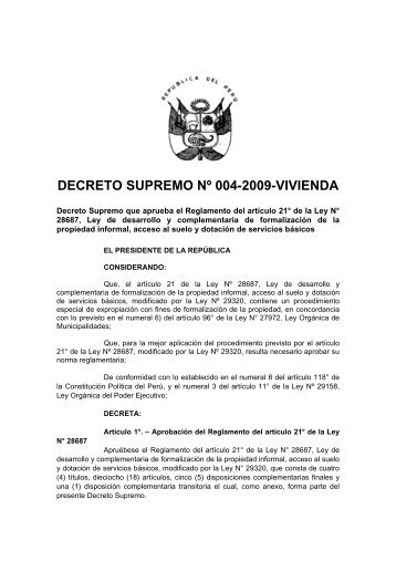 DECRETO SUPREMO NÂº 004-2009-VIVIENDA - Faolex