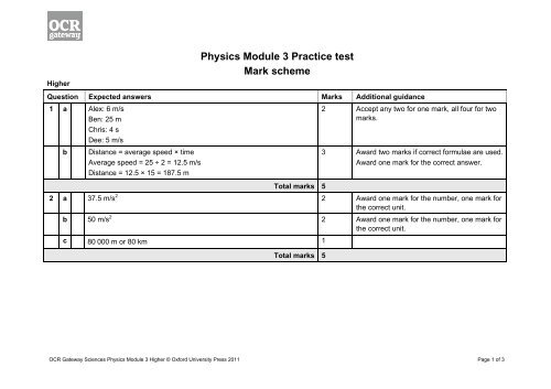 Physics Module 3 Physics Module 3 Practice test Mark scheme - Kingsdown School