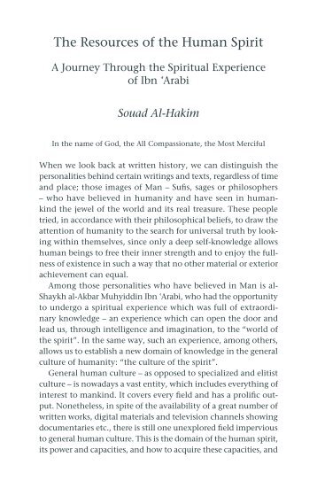 The Resources of the Human Spirit - Muhyiddin Ibn Arabi Society