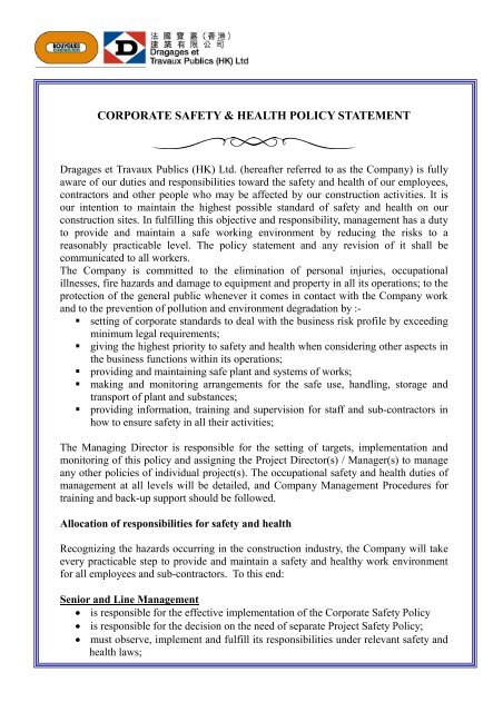 Read about the Corporate Safety and Health Policy Statement