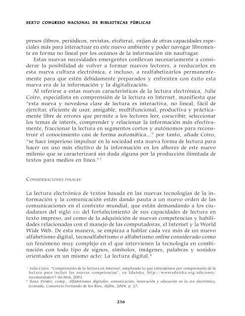 Memoria del Sexto Congreso Nacional de Bibliotecas PÃºblicas