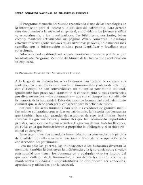 Memoria del Sexto Congreso Nacional de Bibliotecas PÃºblicas