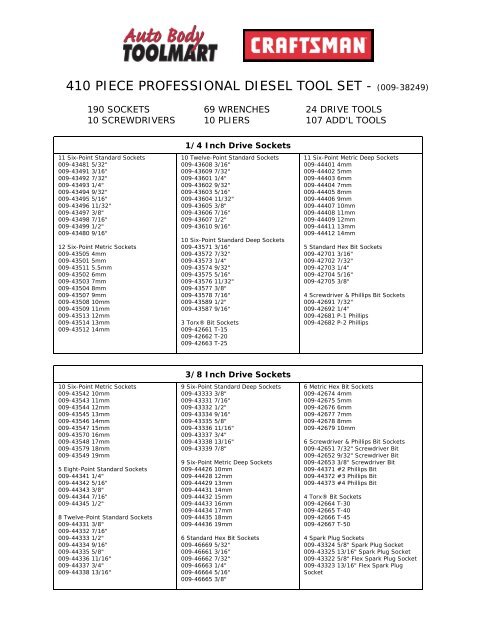 Craftsman Mechanic's Tool Set - Auto Body Toolmart