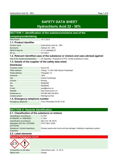 SAFETY DATA SHEET Hydrochloric Acid 32 - 36%