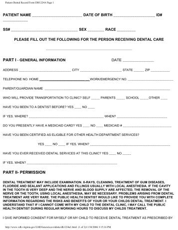 Patient Dental Record Form DH1224A Page 1 - Virginia Department ...