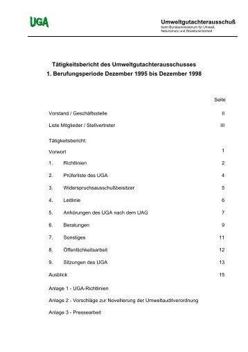 Tätigkeitsbericht UGA I - Umweltgutachterausschuss (UGA)