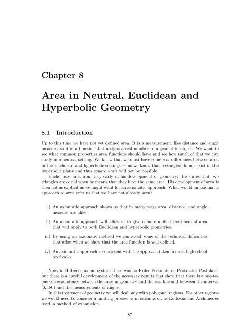 Area in Neutral, Euclidean and Hyperbolic Geometry