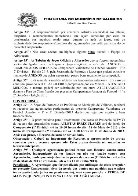 Regulamento Futebol Amador 1Âª e 2Âª DivisÃµes - 2013 - Valinhos