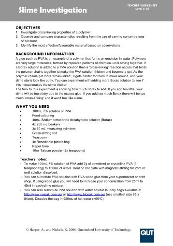 Slime investigation teacher worksheet - QUT