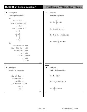 HUSD High School Algebra 1 Final Exam 1st Sem. Study Guide ( )