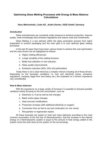 Optimising Glass Melting Processes with Energy & Mass Balance ...