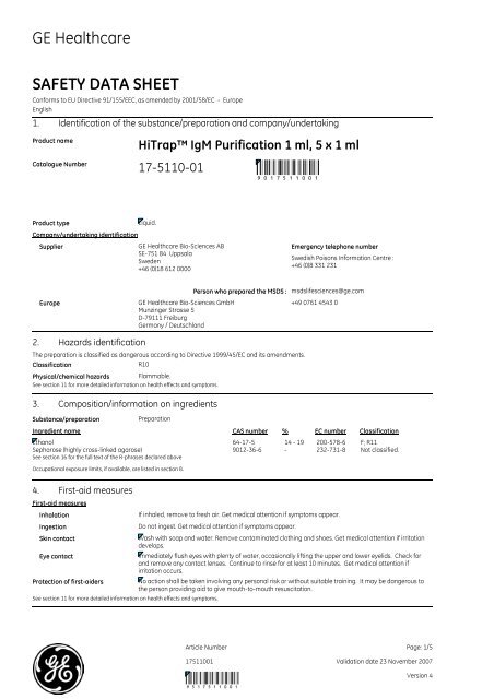 SAFETY DATA SHEET 9517511001 - GE Healthcare Life Sciences