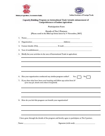 Participation Form Details of Tier I Partners