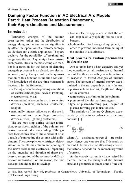 Damping factor function in AC electrical arc models. Part 1. Heat ...