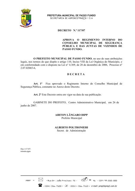 decreto n.Âº 117/07 aprova o regimento interno do conselho ...