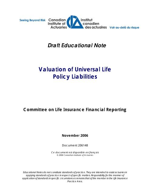Valuation Of Universal Life Policy Liabilities - Cia-Ica.ca Valuation Of Universal Life Policy Liabilities - Cia-Ica.ca