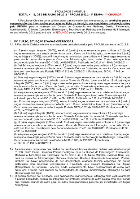edital nº 16, de 3 de julho de 2012 – prouni 2012.2 - 1ª etapa