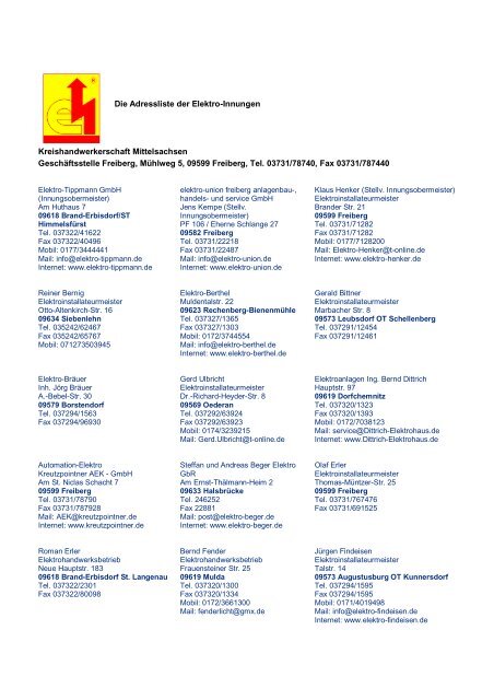 Die Adressliste der Elektro-Innungen Kreishandwerkerschaft ...