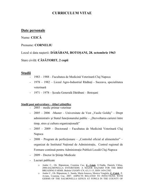 CURRICULUM VITAE Date personale Studii - ansvsa