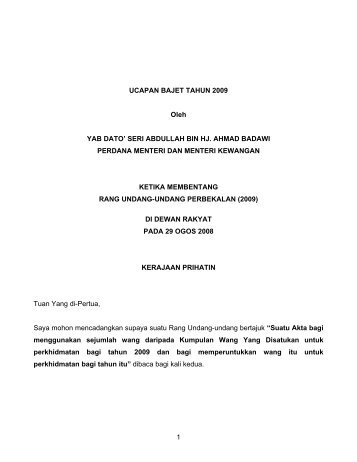 1 UCAPAN BAJET TAHUN 2009 Oleh YAB DATO' SERI ... - Treasury