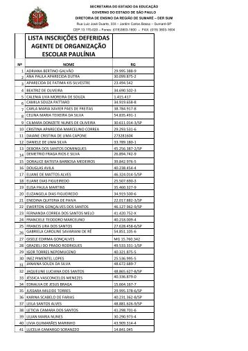 lista inscrições deferidas agente de organização escolar ... - Sumaré