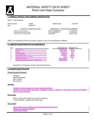 MATERIAL SAFETY DATA SHEET Rohm and Haas Company