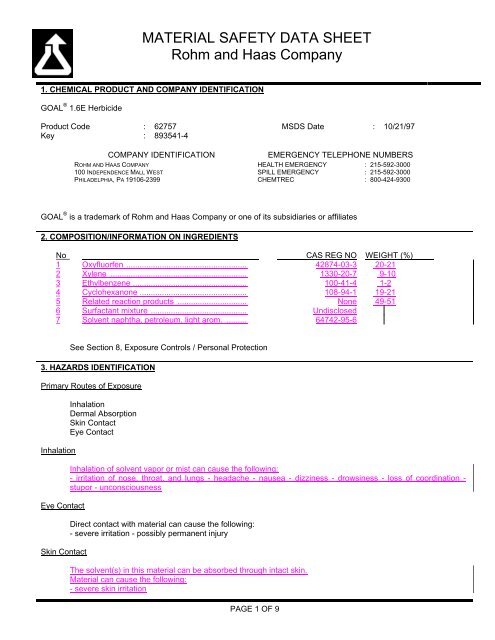 MATERIAL SAFETY DATA SHEET Rohm and Haas Company