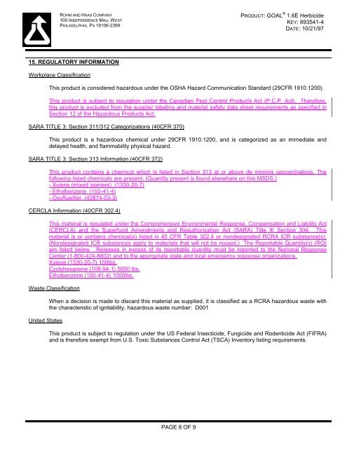 MATERIAL SAFETY DATA SHEET Rohm and Haas Company