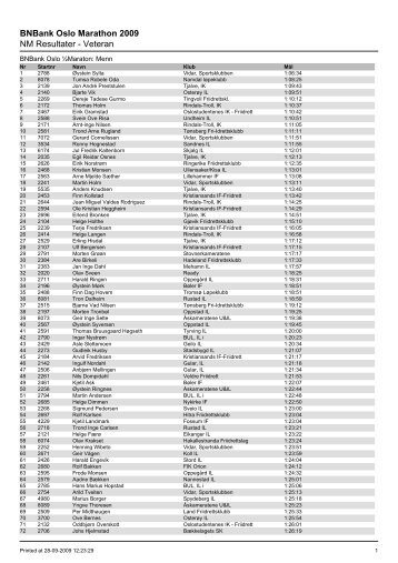 BNBank Oslo Marathon 2009 NM Resultater - Veteran