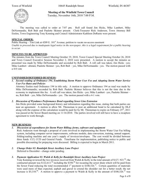 Town Council 11/16/10 Meeting Minutes - the Town of Winfield