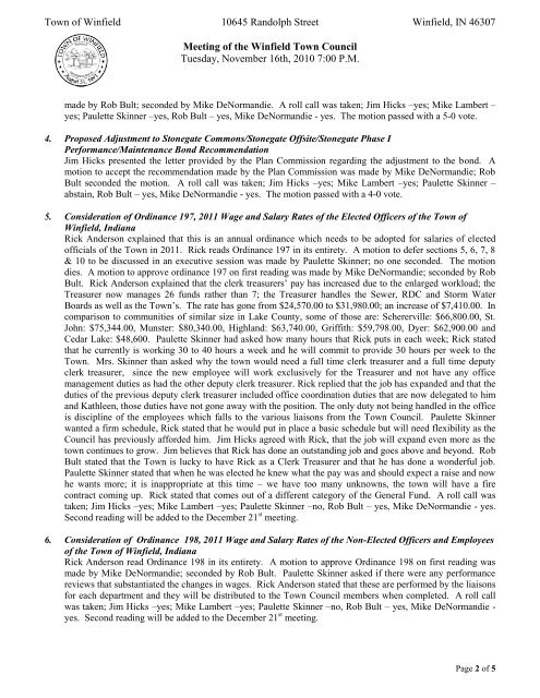 Town Council 11/16/10 Meeting Minutes - the Town of Winfield